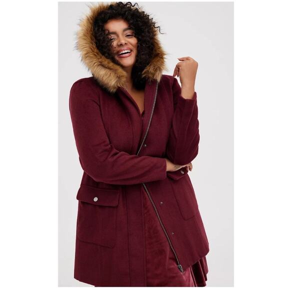 Torrid Wool Faux Fur Hooded Deep Red Zip Front Coat - Picture 2 of 16